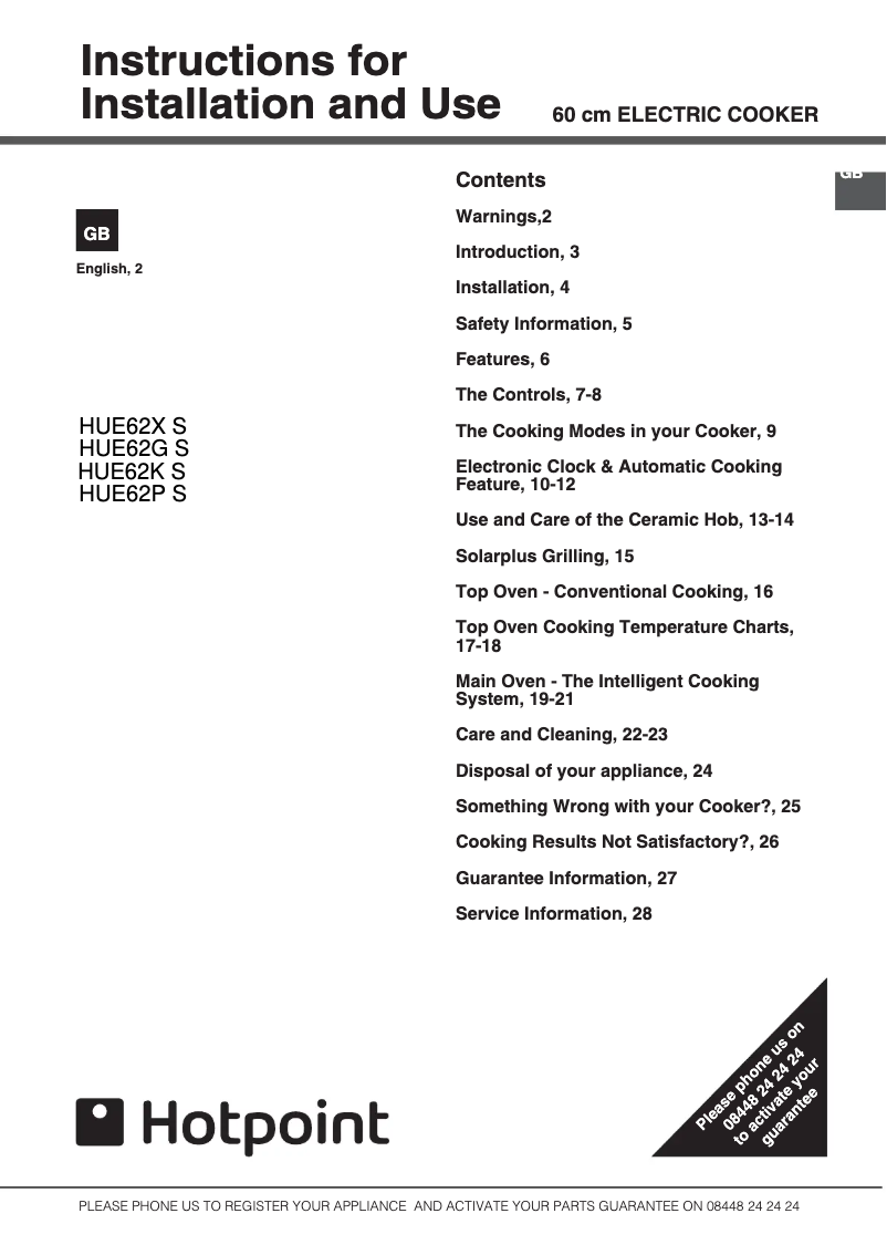 Page 1 de la notice Manuel utilisateur Hotpoint HUE62PS