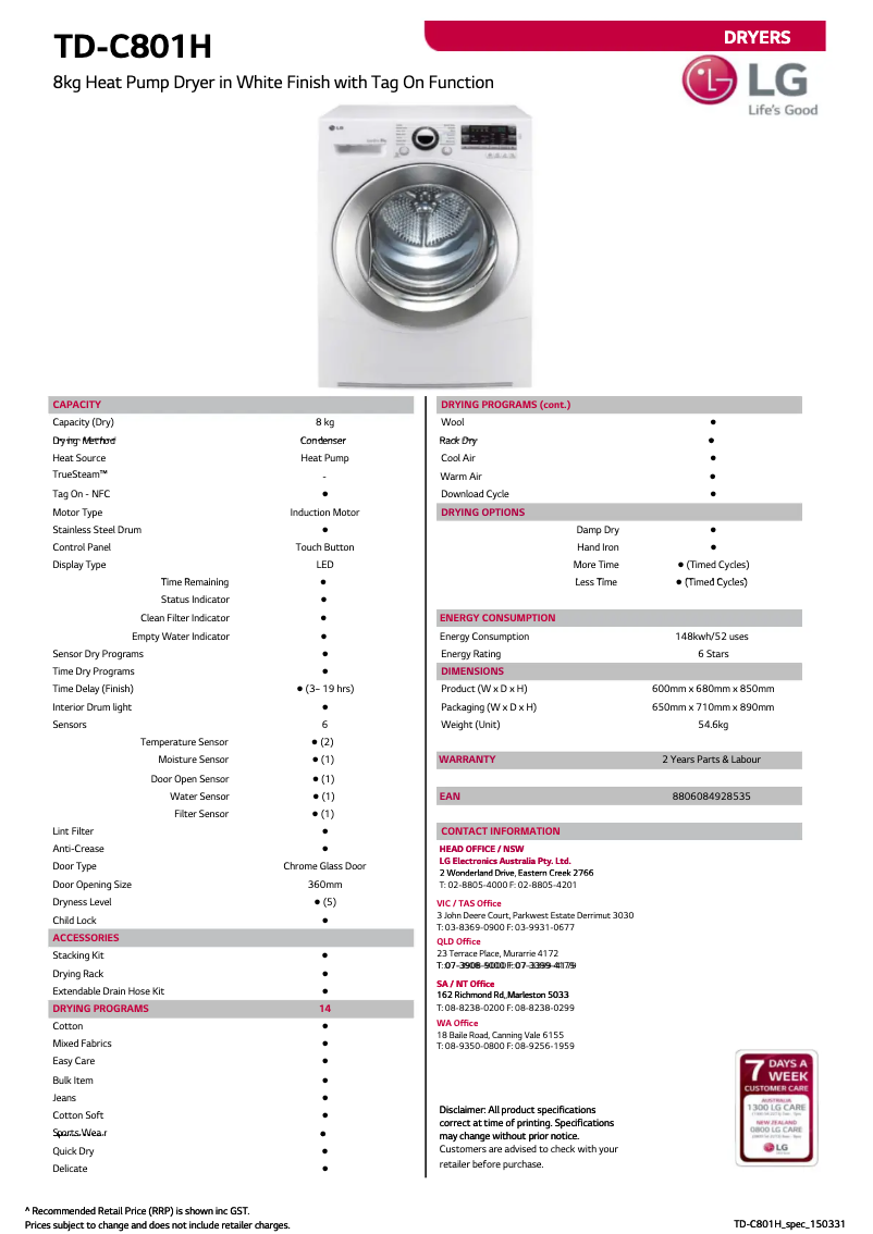 Page n°1 - Fiche technique LG TD-C801H