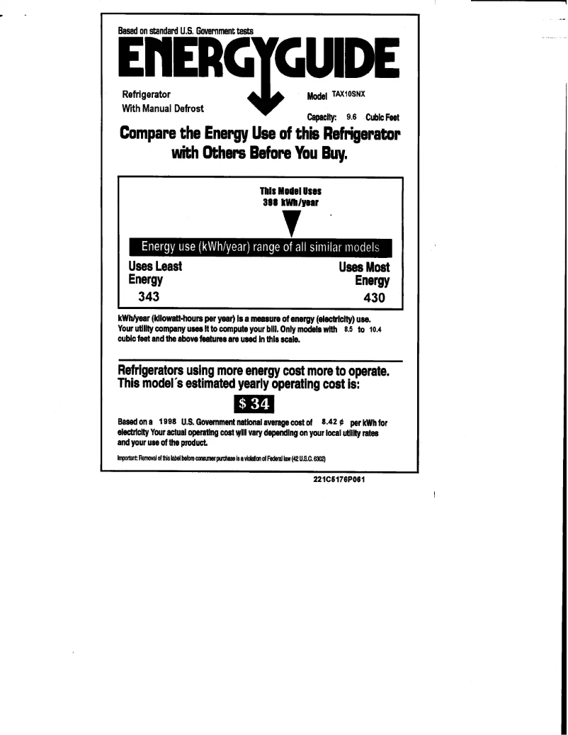 Page 1 de la notice Label énergétique GE TAX10SNXLAD