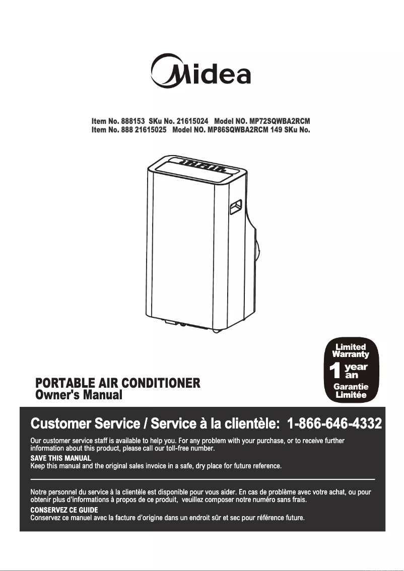 Page 1 de la notice Manuel utilisateur Midea MP86SQWBA2RCM