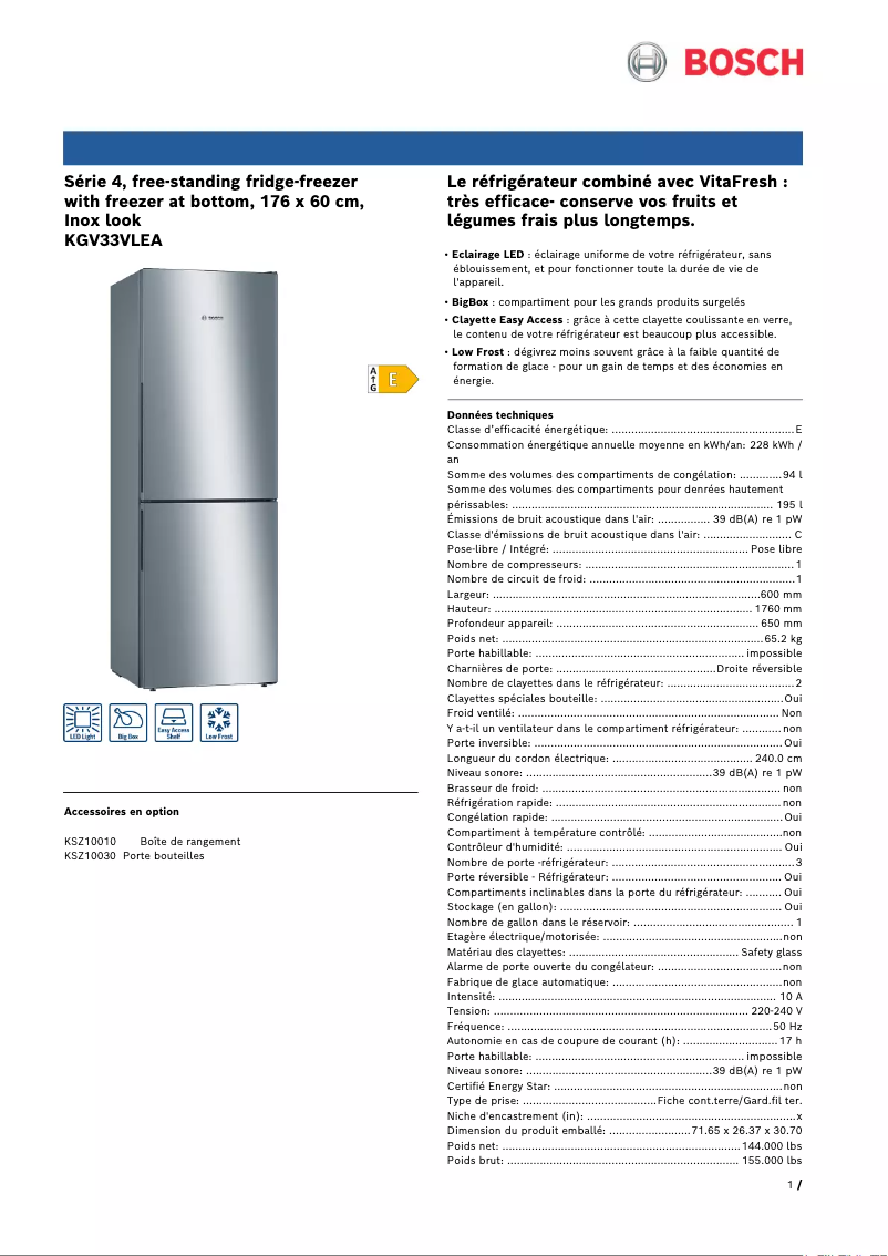 Página 1 del manual Ficha técnica Bosch KGV33VLEA