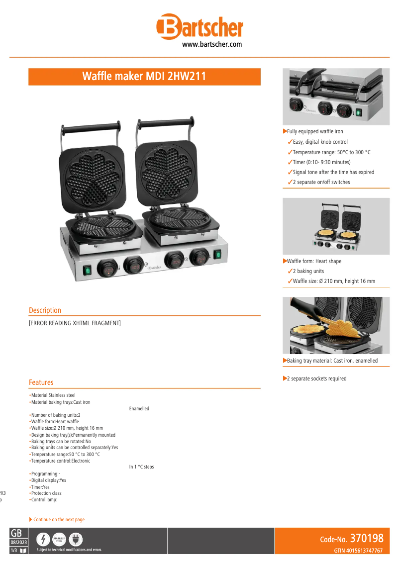 Page 1 de la notice Fiche technique Bartscher MDI 2HW211