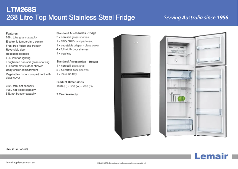 Page 1 de la notice Fiche technique Lemair LTM268S