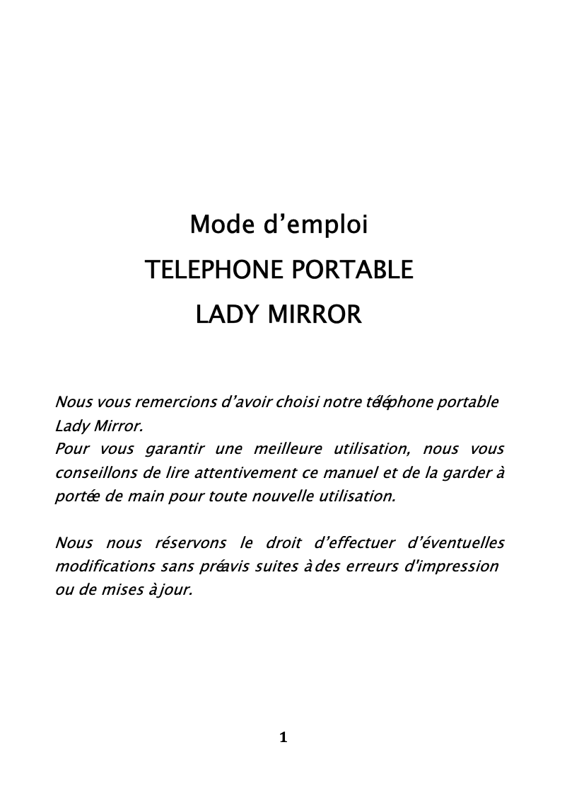 Page 1 de la notice Manuel utilisateur ITT Lady Mirror