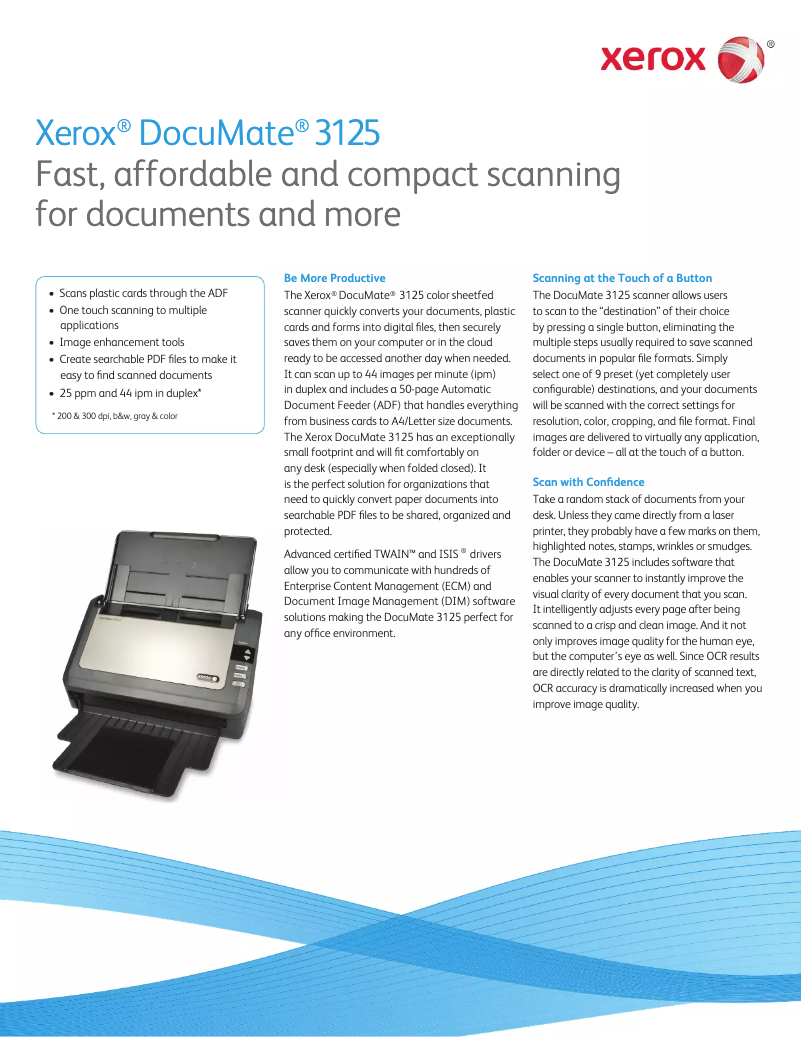 Page 1 de la notice Brochure Xerox DocuMate 3125