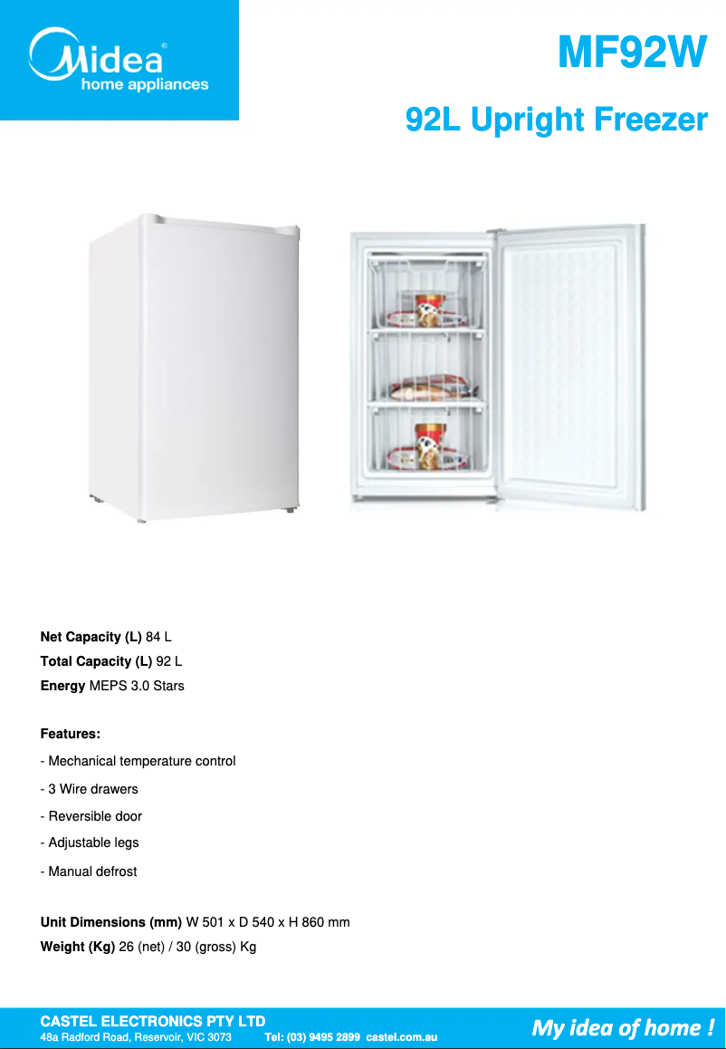 Page 1 de la notice Fiche technique Midea MF92W