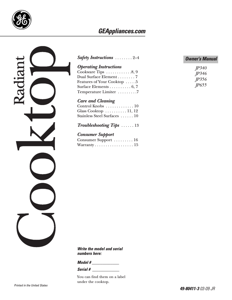 Page n°1 - Manuel d'utilisation et d'entretien GE JP655TKWW