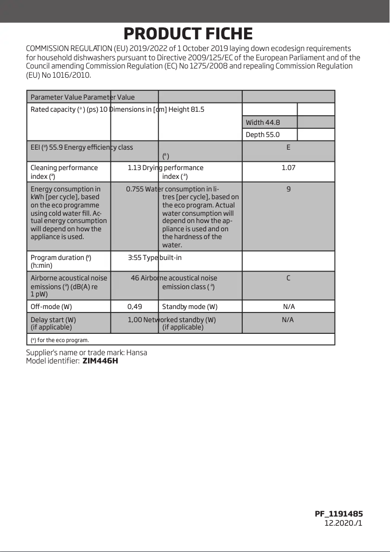 Page 1 de la notice Fiche technique Hansa ZIM446H
