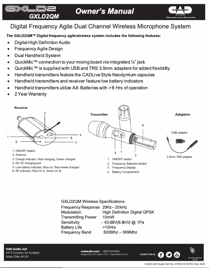Page n°1 - Manuel utilisateur CAD Audio GXLD2QM
