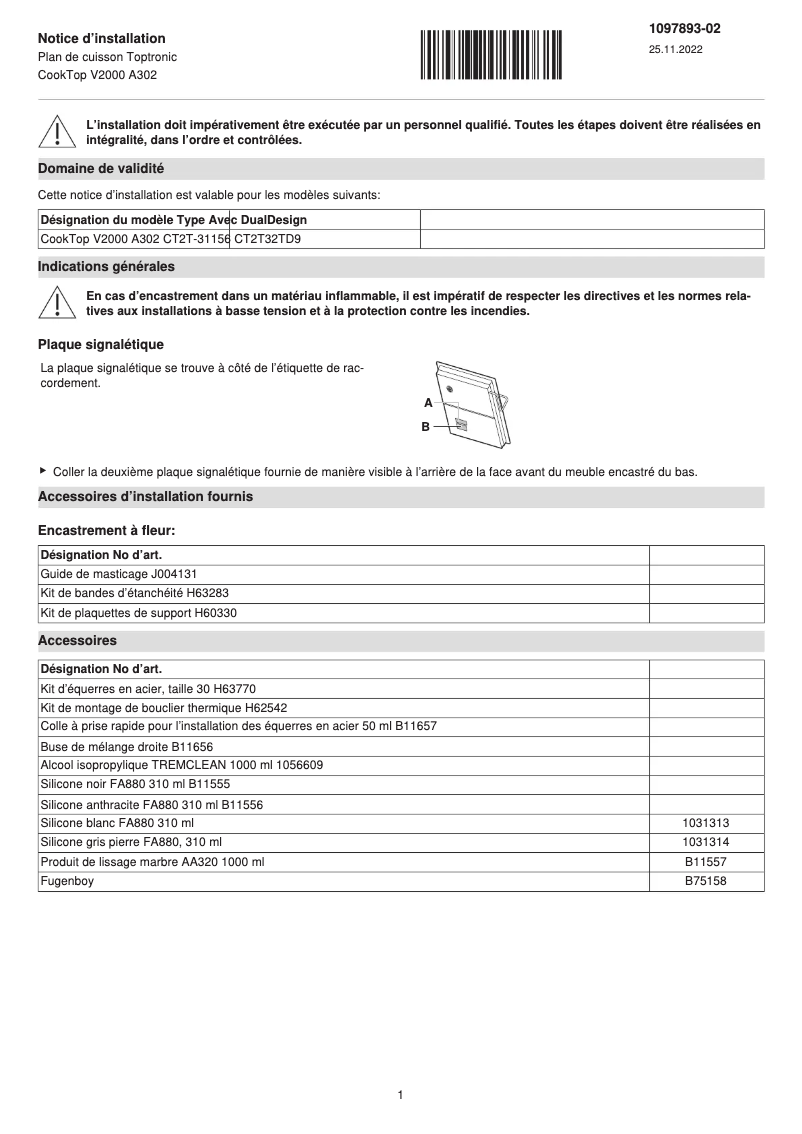 Page n°1 - Guide d'installation V-Zug CookTop V2000 A302