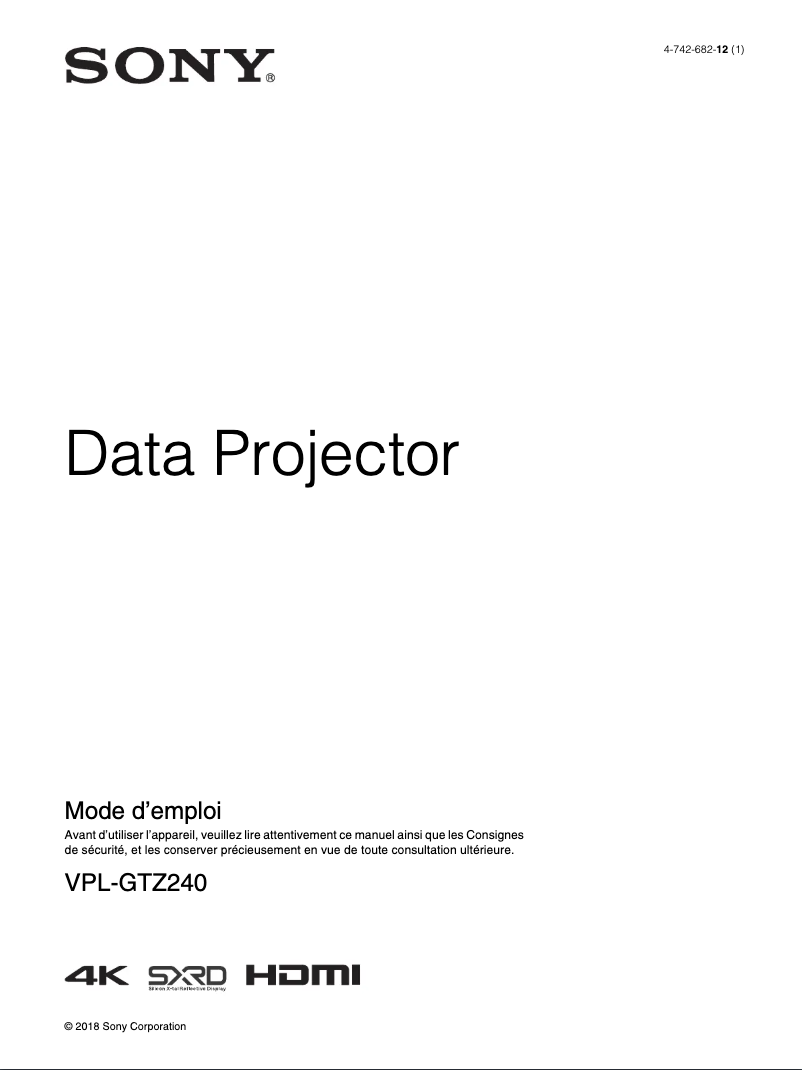 Page 1 de la notice Manuel utilisateur Sony VPL-GTZ240