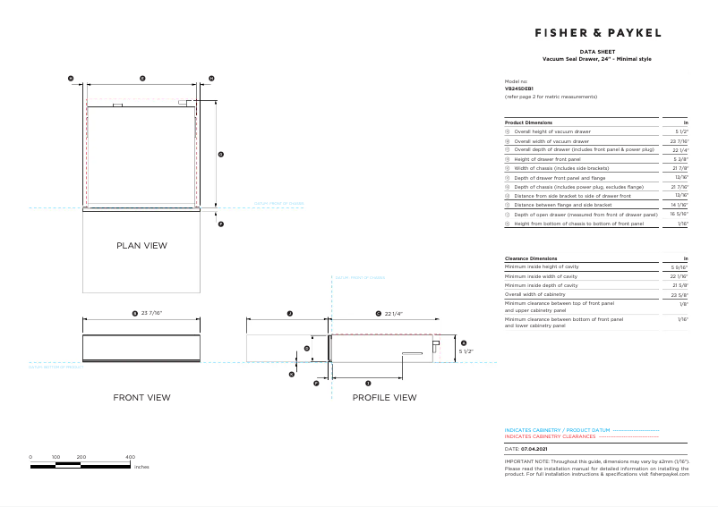 Page 1 de la notice Fiche technique Fisher & Paykel VB24SDEB1