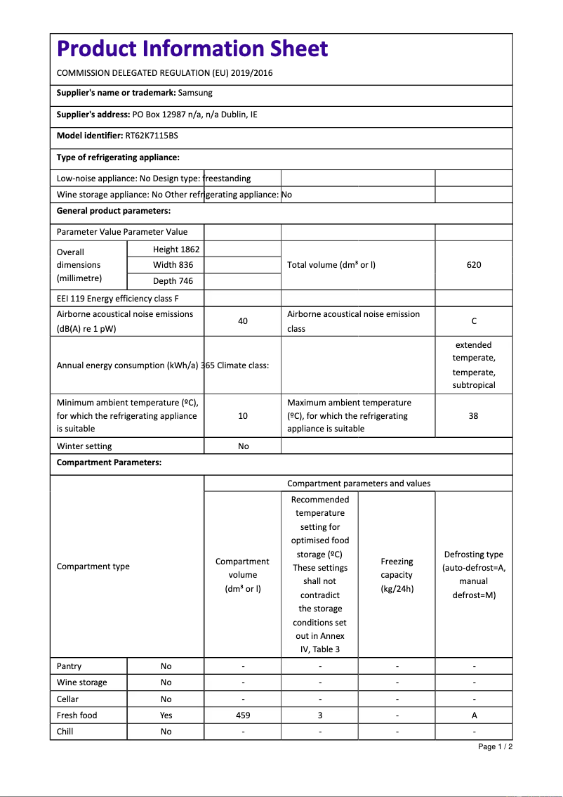 Page 1 de la notice Fiche technique Samsung RT62K7115BS
