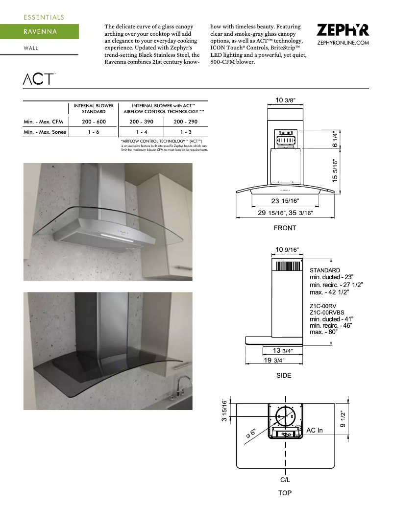 Page 1 de la notice Fiche technique Zephyr ZRV-M90BGC