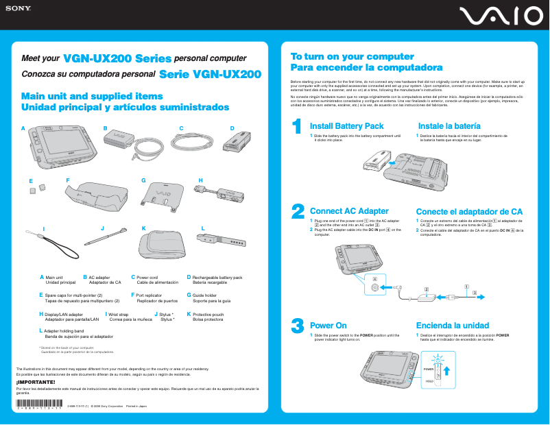 Page 1 de la notice Guide d'installation Sony Vaio VGN-UX230P