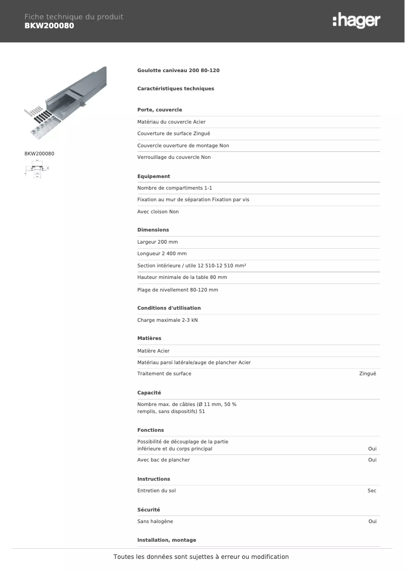 Page n°1 - Fiche technique Hager BKW200080