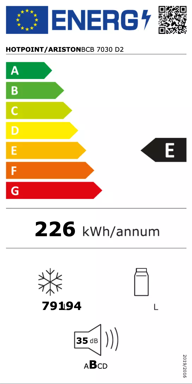 Page 1 de la notice Label énergétique Hotpoint BCB 7030 D2