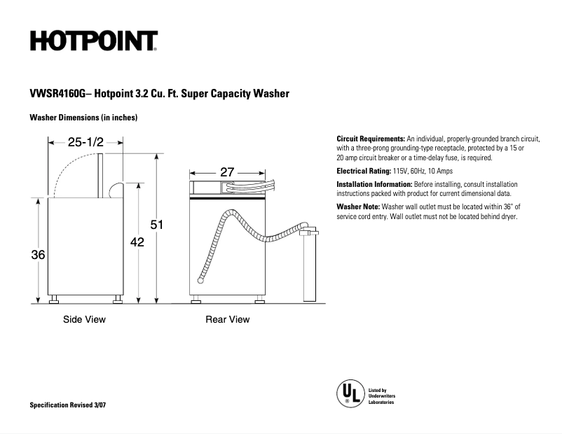 Page 1 de la notice Fiche technique Hotpoint VWSR4160GWW