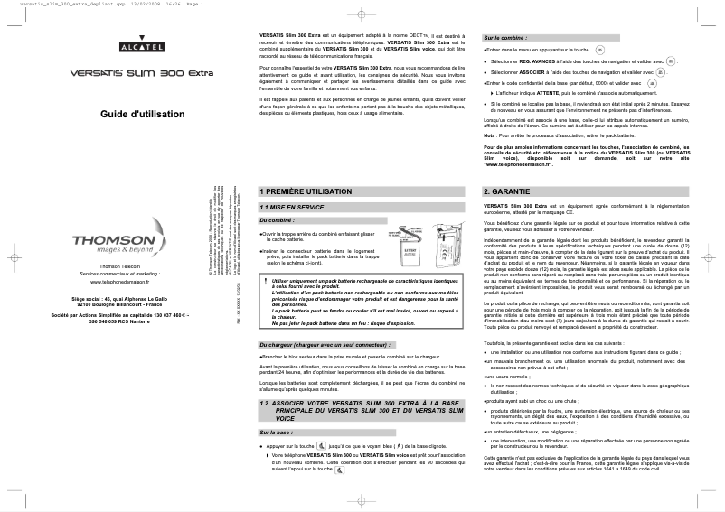 Page 1 de la notice Manuel utilisateur Alcatel Versatis Slim 300 Extra