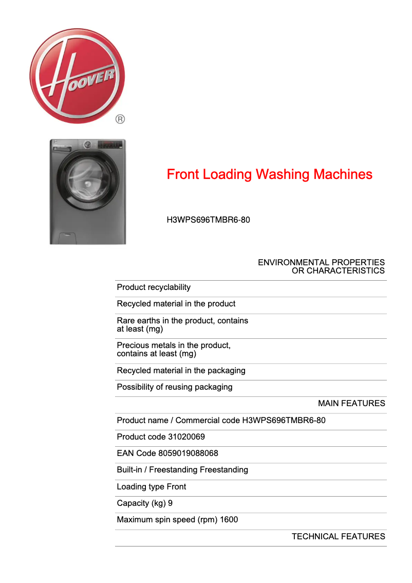 Page n°1 - Fiche technique Hoover H3WPS696TMBR6-80