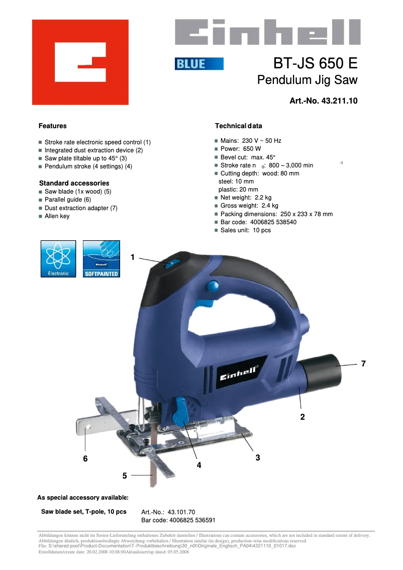 Page n°1 - Manuel utilisateur Einhell BT-JS 650 E