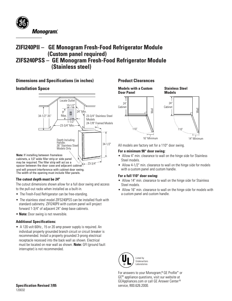 Page 1 de la notice Fiche technique GE ZIFI240PLII
