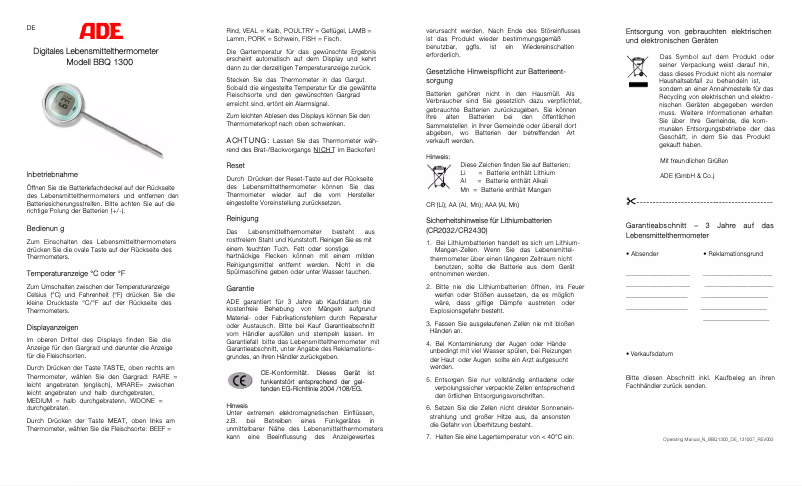 Page 1 de la notice Manuel utilisateur ADE BBQ 1300