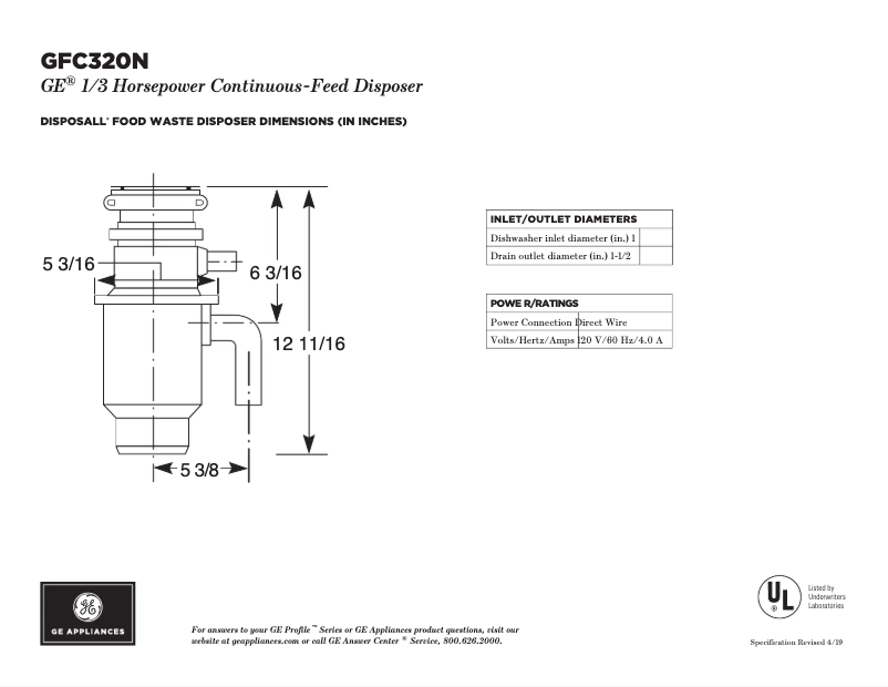 Page n°1 - Fiche technique GE GFC320N
