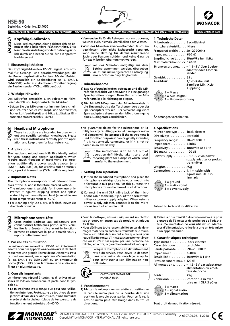 Page 1 de la notice Manuel utilisateur Monacor HSE-90