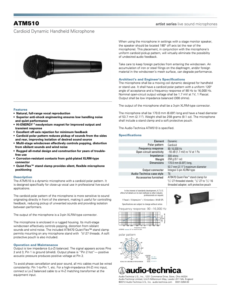 Page 1 de la notice Manuel utilisateur Audio-Technica ATM-510