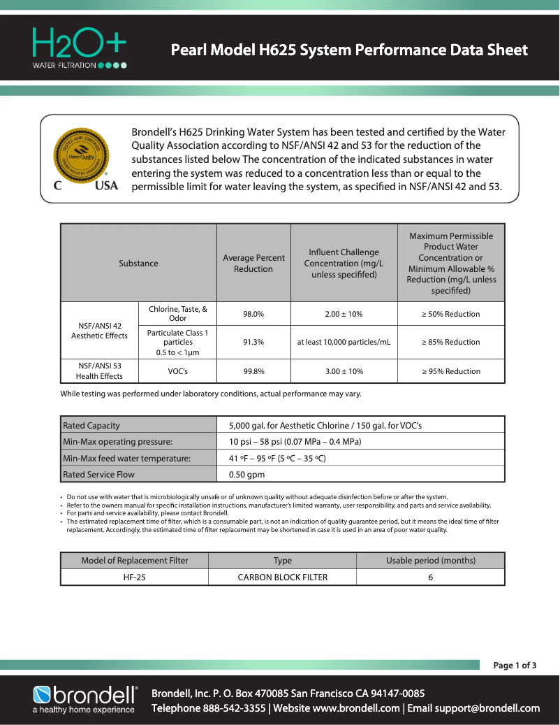 Página 1 del manual Ficha técnica Brondell H625