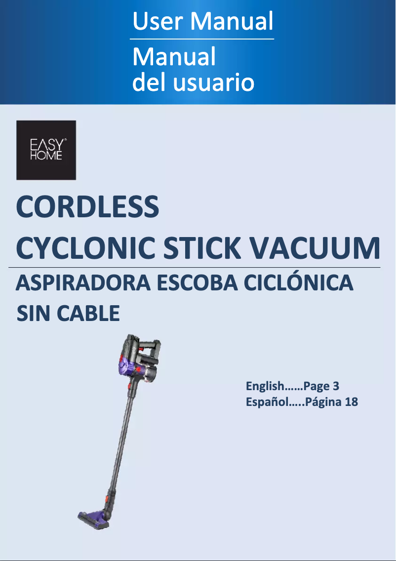 Page 1 de la notice Manuel utilisateur Easy Home Cordless Cyclonic Stick Vacuum DV-888DC