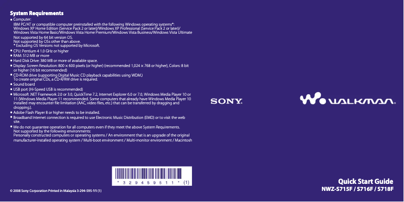 Page n°1 - Guide d'installation Sony Walkman NWZ-S718F