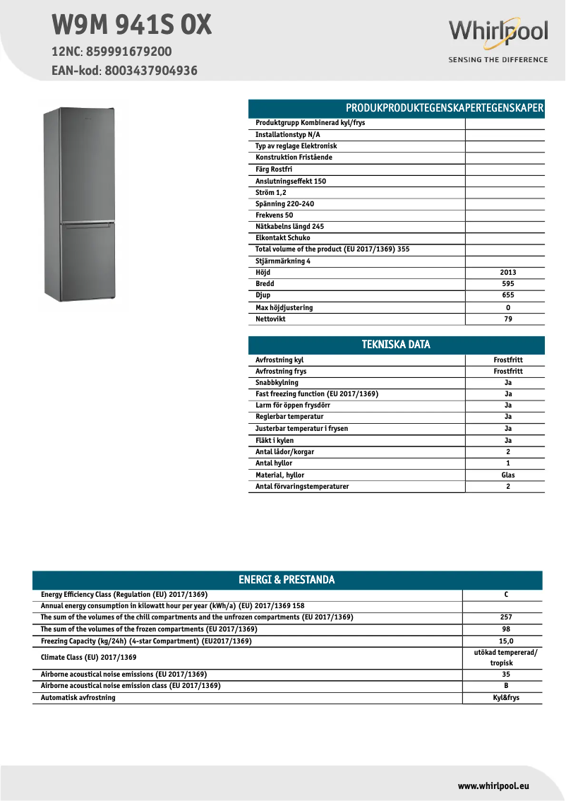 Página 1 del manual Ficha técnica Whirlpool W9M 941S OX