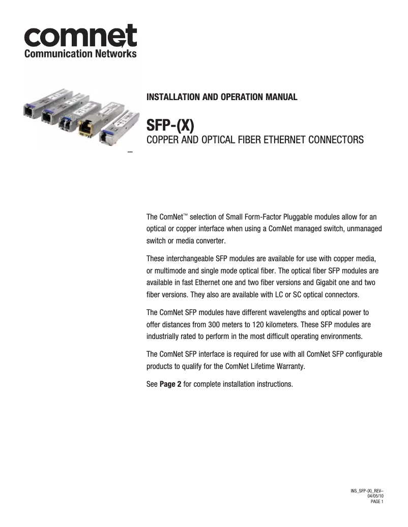 Page n°1 - Manuel utilisateur ComNet SFP-12B