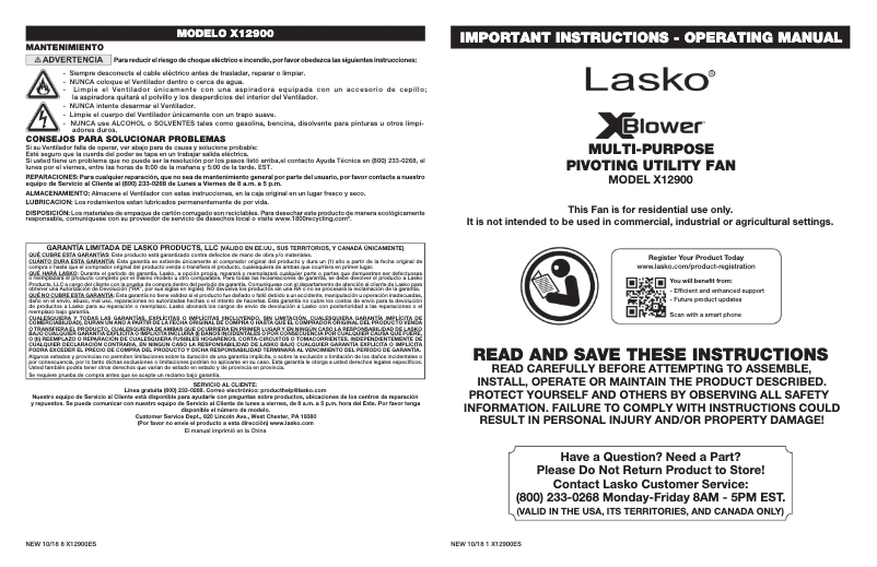 Page 1 de la notice Manuel utilisateur Lasko X-Blower X12900
