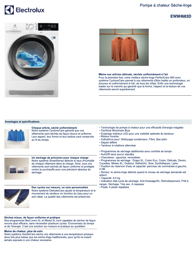 Page 1 de la notice Fiche technique Electrolux EW9H683D