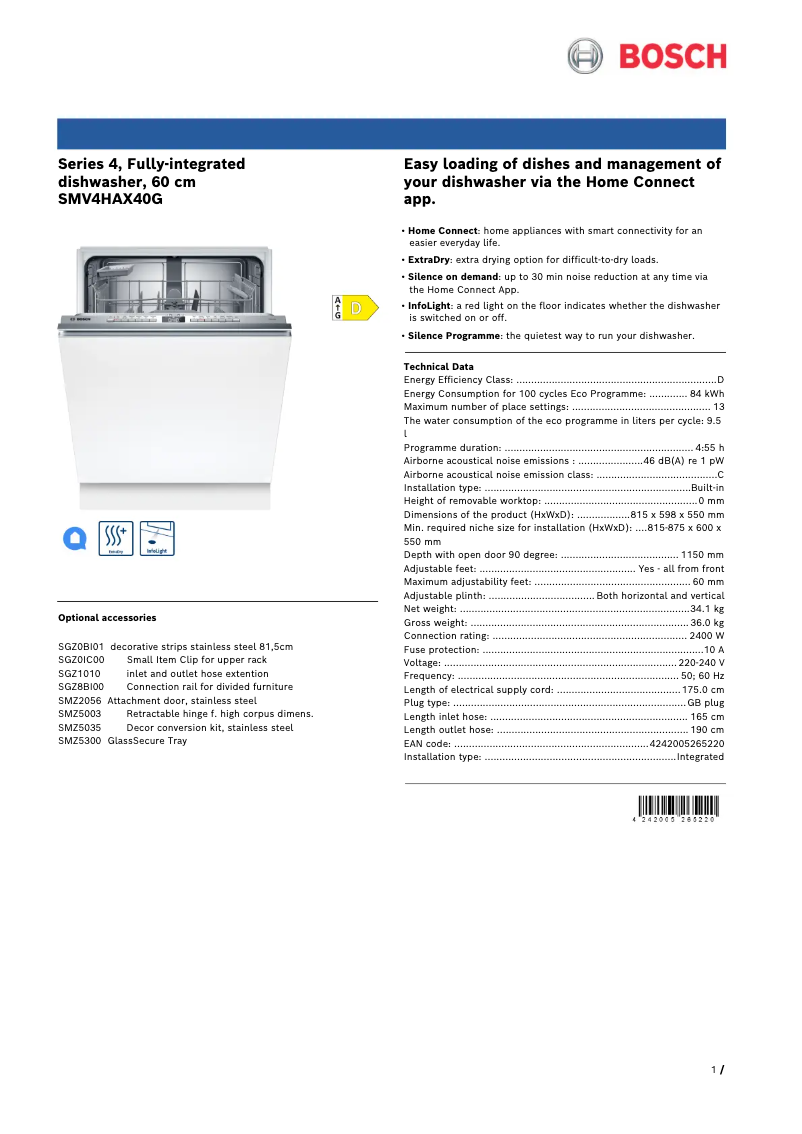 Page n°1 - Fiche technique Bosch Serie 4 SMV4HAX40G
