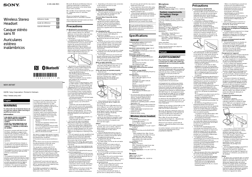 Page 1 de la notice Manuel utilisateur Sony MDR-XB70BT