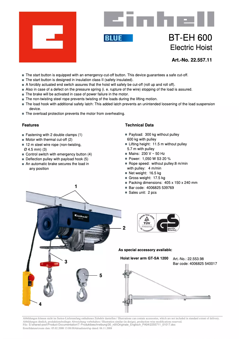 Page 1 de la notice Fiche technique Einhell BT-EH 600