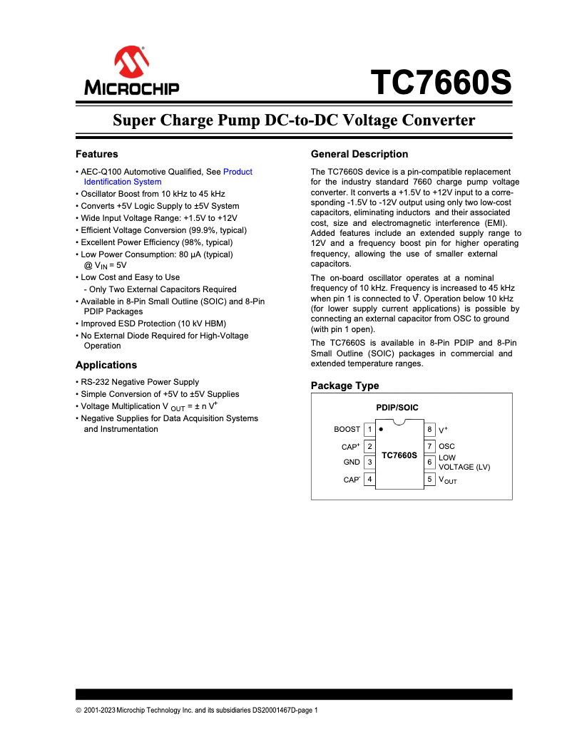 Page 1 de la notice Fiche technique Microchip TC7660S