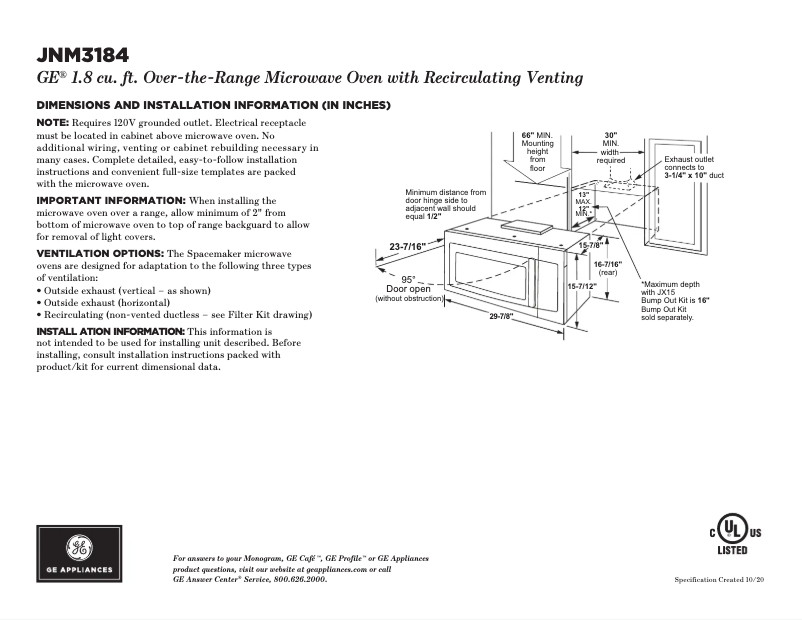 Page 1 de la notice Fiche technique GE JNM3184DPBB