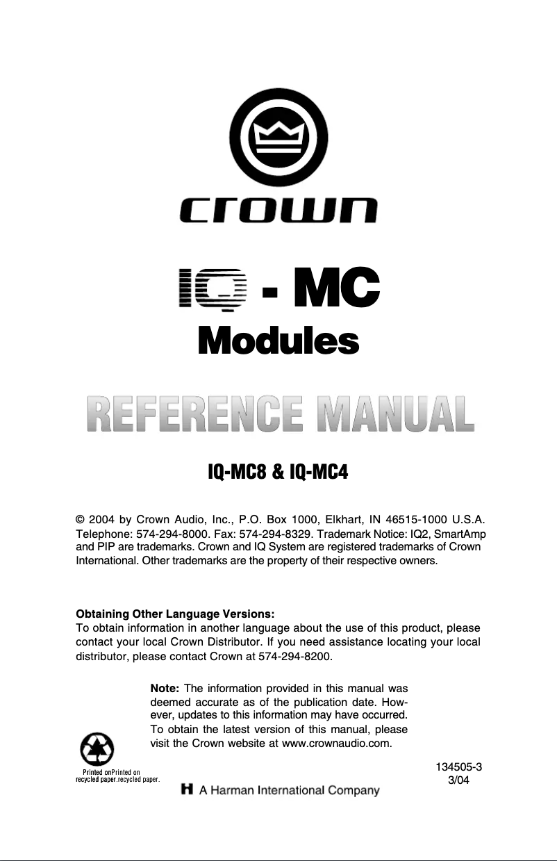 Página 1 del manual Manual de usuario Crown IQ-MC8