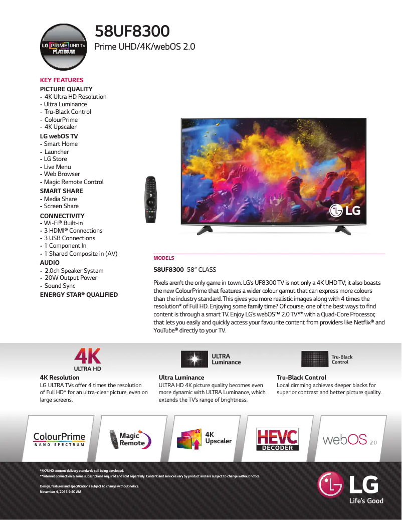 Page n°1 - Fiche technique LG Prime 4K UHD Smart LED TV - 58"