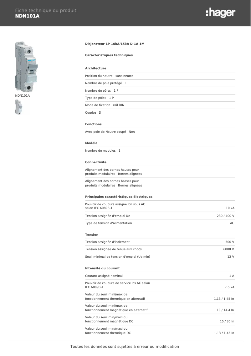 Page n°1 - Manuel utilisateur Hager NDN101A