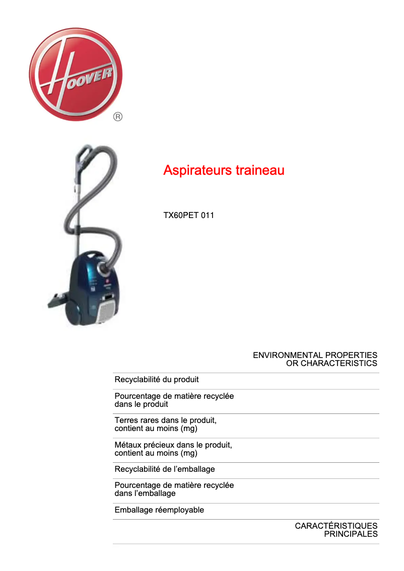 Page 1 de la notice Fiche technique Hoover Telios Extra TX 60 PET