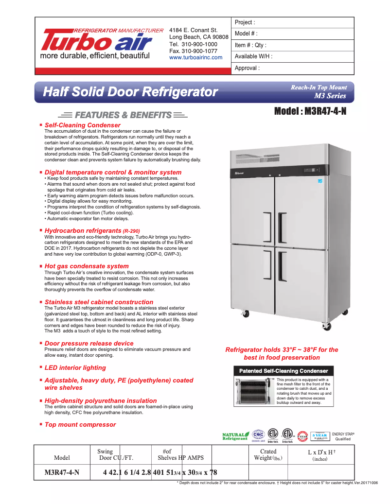 Página 1 del manual Ficha técnica Turbo air M3R47-4