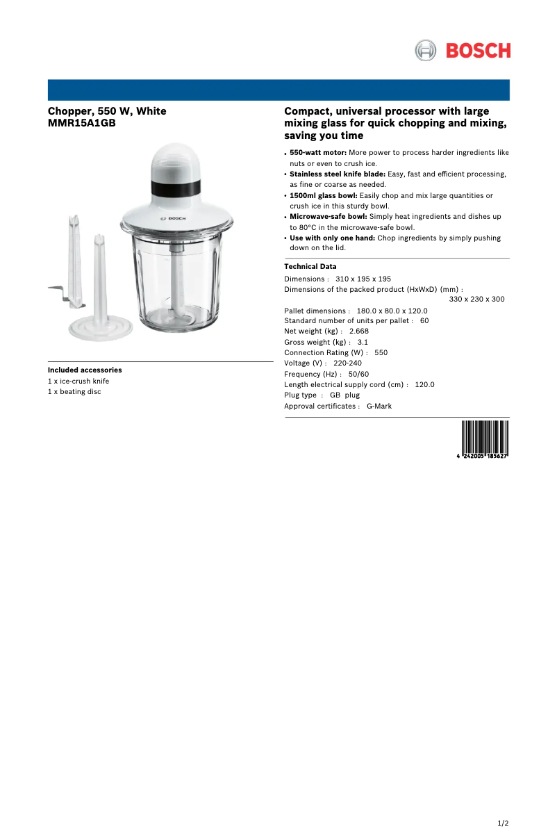 Page 1 de la notice Fiche technique Bosch MMR15A1GB