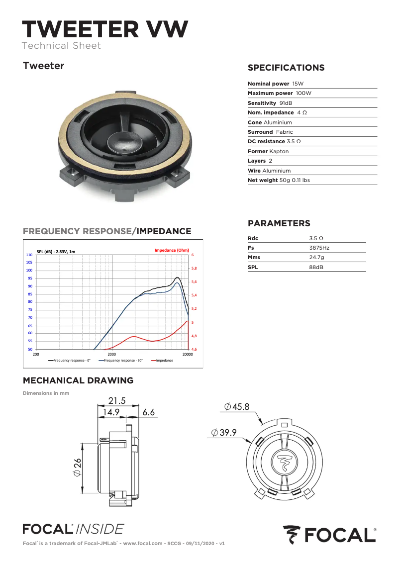 Page 1 de la notice Fiche technique Focal IS VW 155