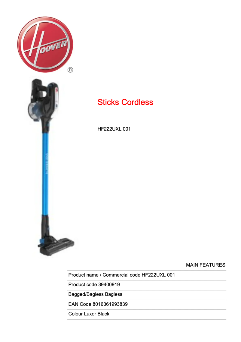 Page 1 de la notice Fiche technique Hoover H-FREE 200 HF222UXL 001